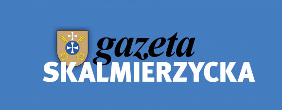 logotyp; cherb nowe skalmierzyce na niebieskim tle z tekstem gazeta skalmierzycka